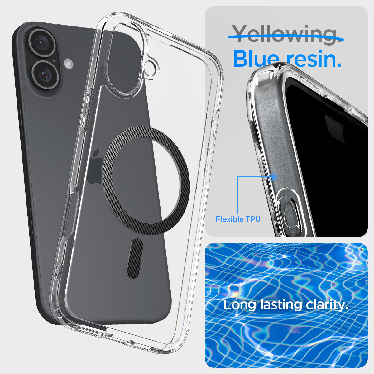 ACS08077 - iPhone 16 Plus Case Ultra Hybrid (MagFit) in Carbon Fiber blue resin. Flexible TPU. long lasting clarity.