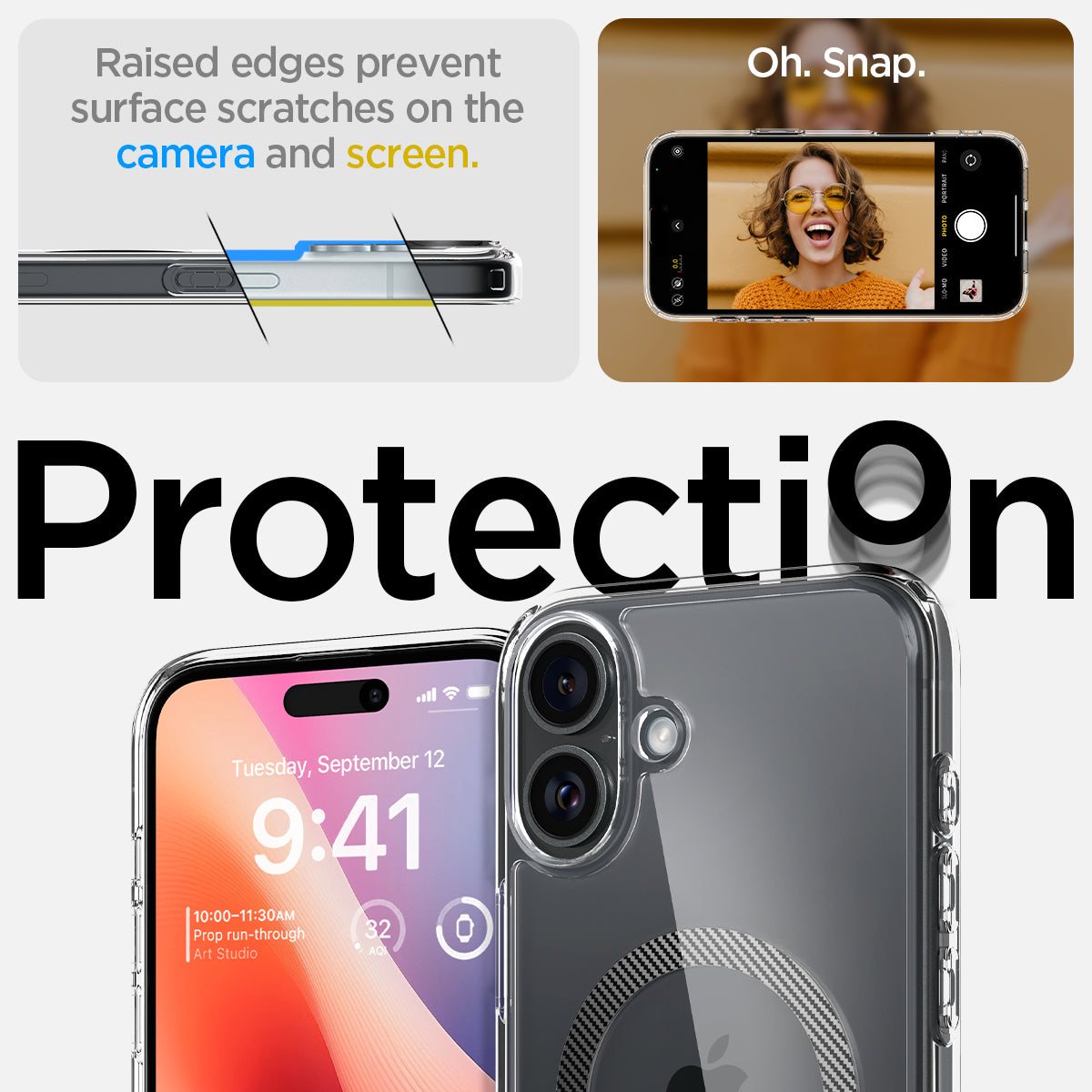 ACS08077 - iPhone 16 Plus Case Ultra Hybrid (MagFit) in Carbon Fiber raised edges prevent surface scratches on the camera and screen. Oh snap. Protection.