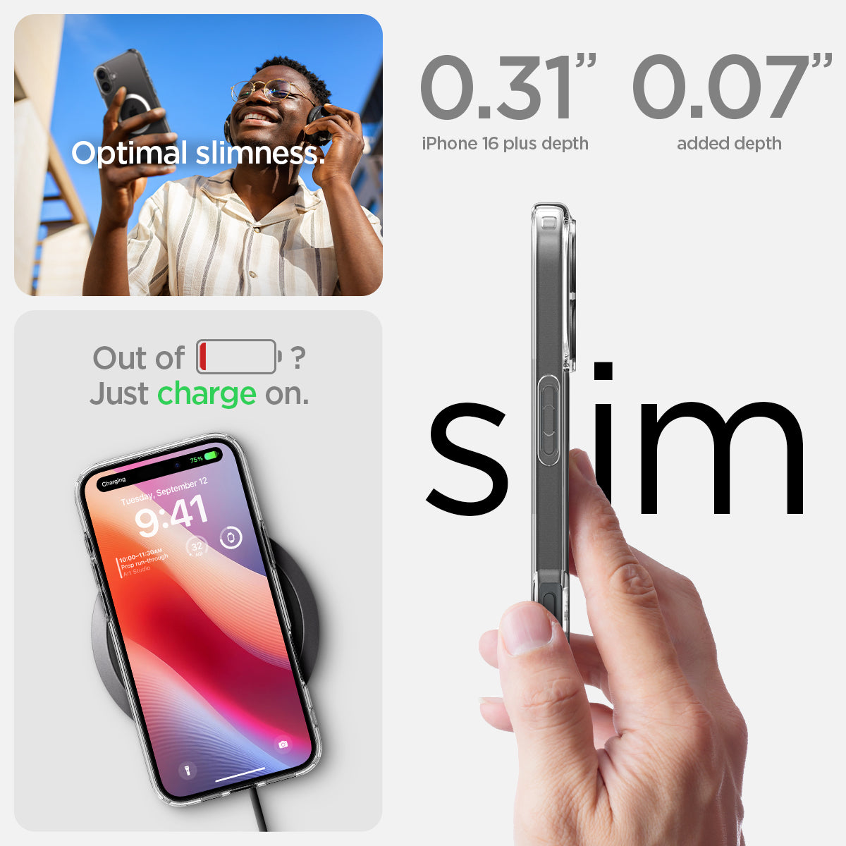 ACS08075 - iPhone 16 Plus Case Ultra Hybrid (MagFit) in White optimal slimness. Out of battery? Just charge on. 0.31" and 0.07" slim.