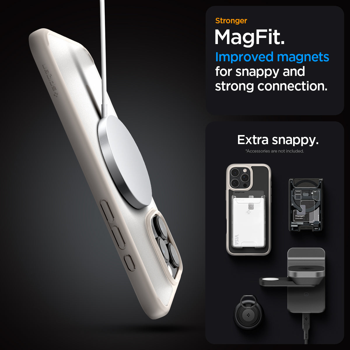 ACS08382 - iPhone 16 Pro Max Case Ultra Hybrid (MagFit) in Frost Natural Titanium stronger magfit. improved magnets for snappy and strong connection. Extra snappy. accessory not included.