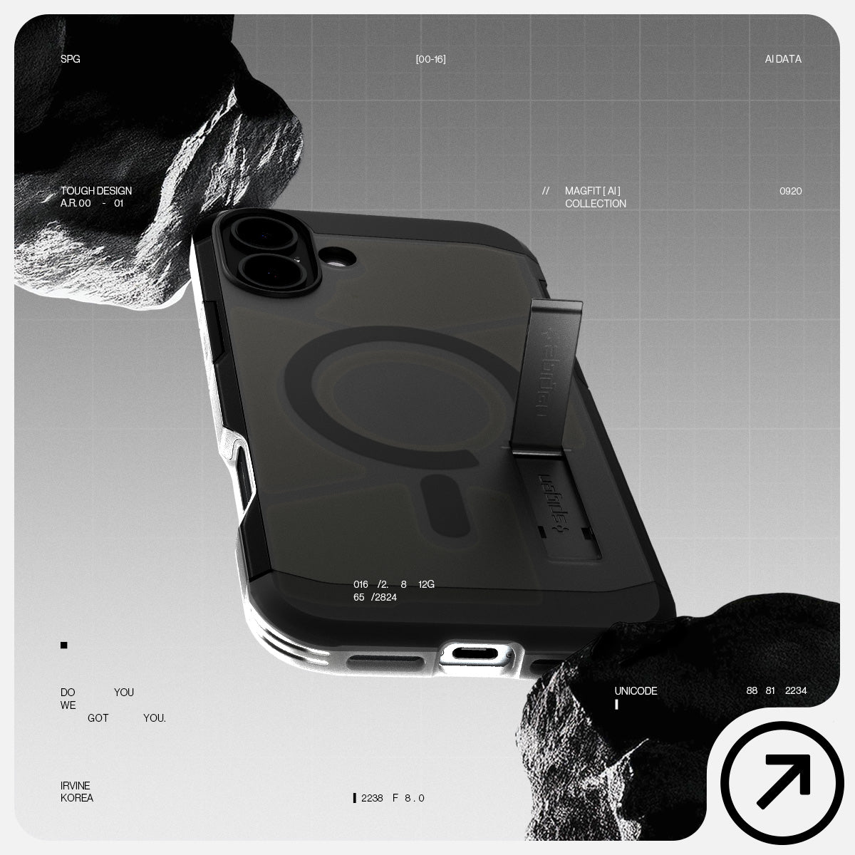 ACS08515 - iPhone 16 Case Tough Armor AI (MagFit) in Frost Black  has tough design and showing between the rock.