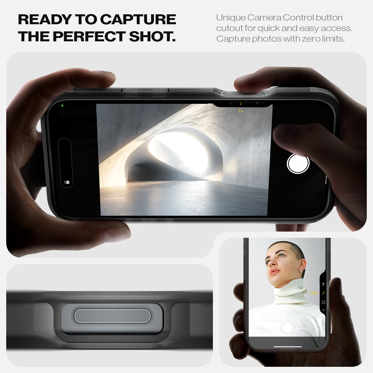ACS08515 - iPhone 16 Case Tough Armor AI (MagFit) in Frost Black  ready to capture the perfect shot. Unique camera a control button cutout for quick and easy access capture photos with zero limits. 