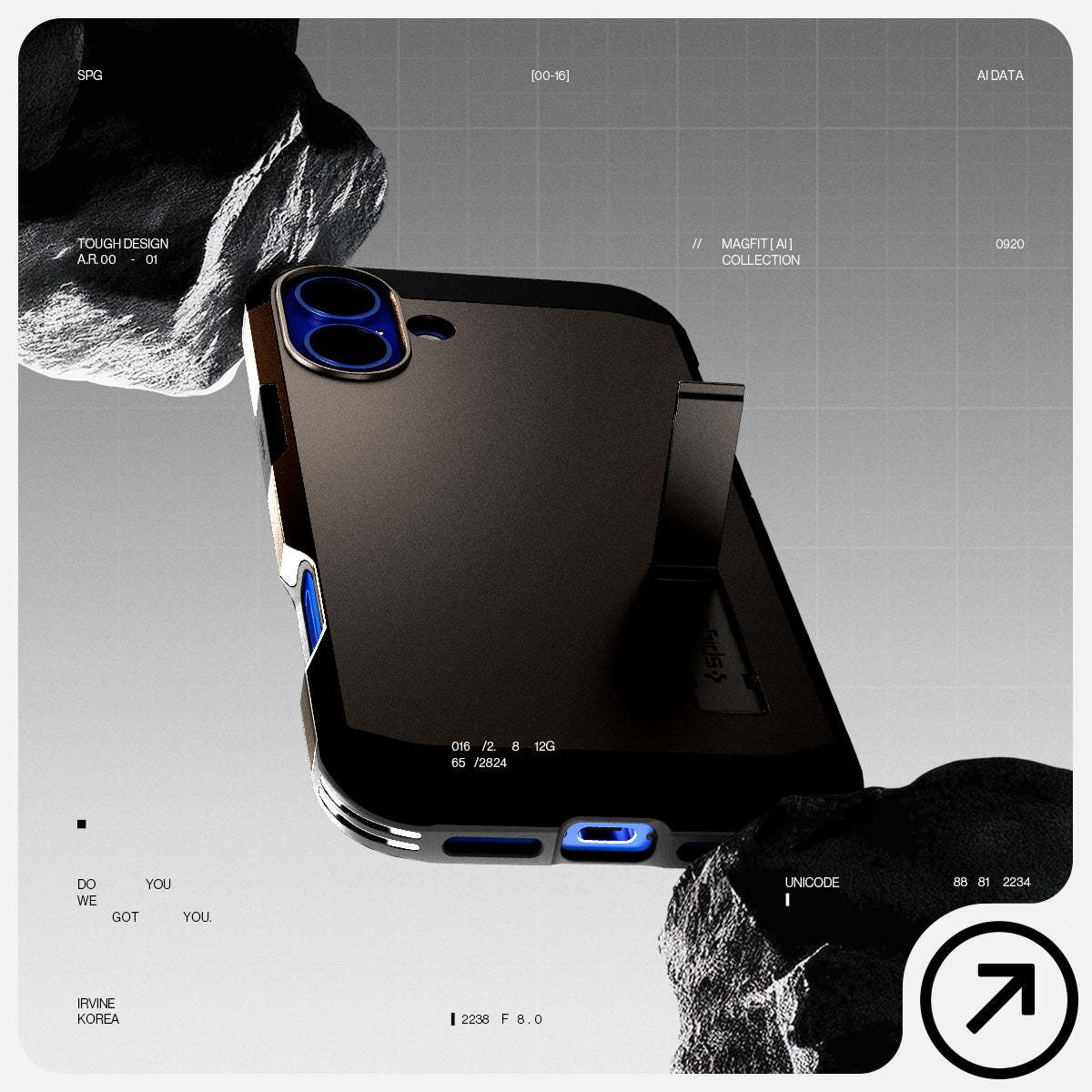 ACS08084 - iPhone 16 Plus Case Tough Armor AI (MagFit) in Gunmetal has tough design and showing between the rock.