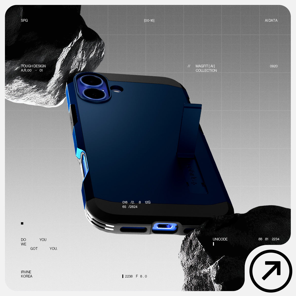 ACS08217 - iPhone 16 Case Tough Armor AI (MagFit) in Navy Blue has tough design and showing between the rock.