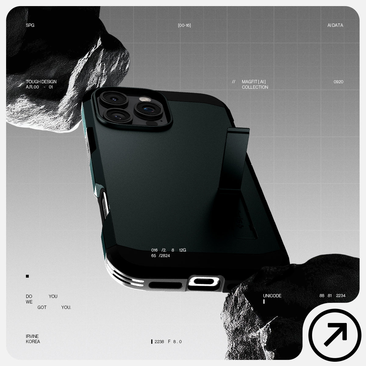 ACS08148 - iPhone 16 Pro Case Tough Armor AI (MagFit) in Abyss Green  has tough design and showing between the rock.