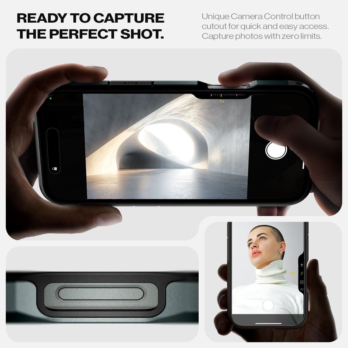 ACS08148 - iPhone 16 Pro Case Tough Armor AI (MagFit) in Abyss Green  ready to capture the perfect shot. Unique camera a control button cutout for quick and easy access capture photos with zero limits. 