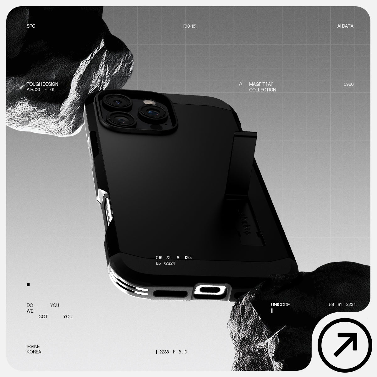 ACS08013 - iPhone 16 Pro Max Case Tough Armor AI (MagFit) in Black has tough design and showing between the rock.