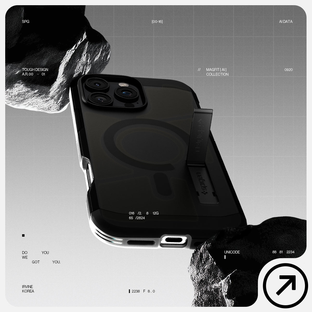 ACS08502 - iPhone 16 Pro Max Case Tough Armor AI (MagFit) in Frost Black  has tough design and showing between the rock.
