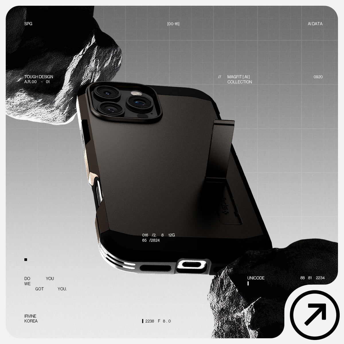 ACS08145 - iPhone 16 Pro Case Tough Armor AI (MagFit) in Gunmetal has tough design and showing between the rock.