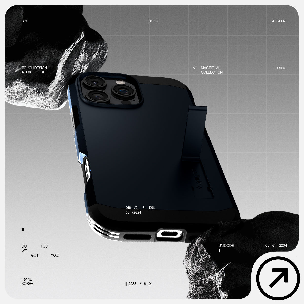 ACS08014 - iPhone 16 Pro Max Case Tough Armor AI (MagFit) in Metal Slate has tough design and showing between the rock.