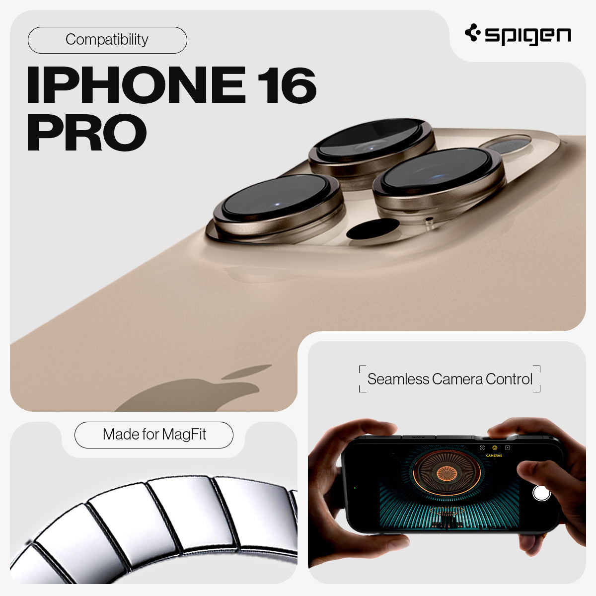 ACS08510 - iPhone 16 Pro Case Tough Armor T AI (MagFit + Camera Control) in Black showing the compatibility with iPhone 16 Pro made for MagFit and seamless camera control