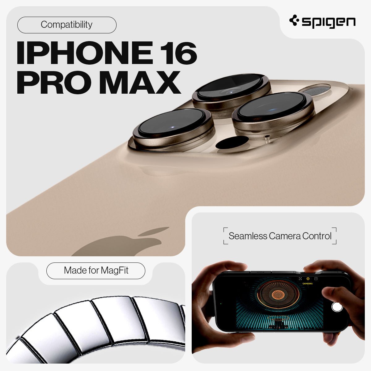 ACS08503 - iPhone 16 Pro Max Case Tough Armor T AI (MagFit + Camera Control) in Black showing the compatibility with iPhone 16 Pro Max made for MagFit and seamless camera control