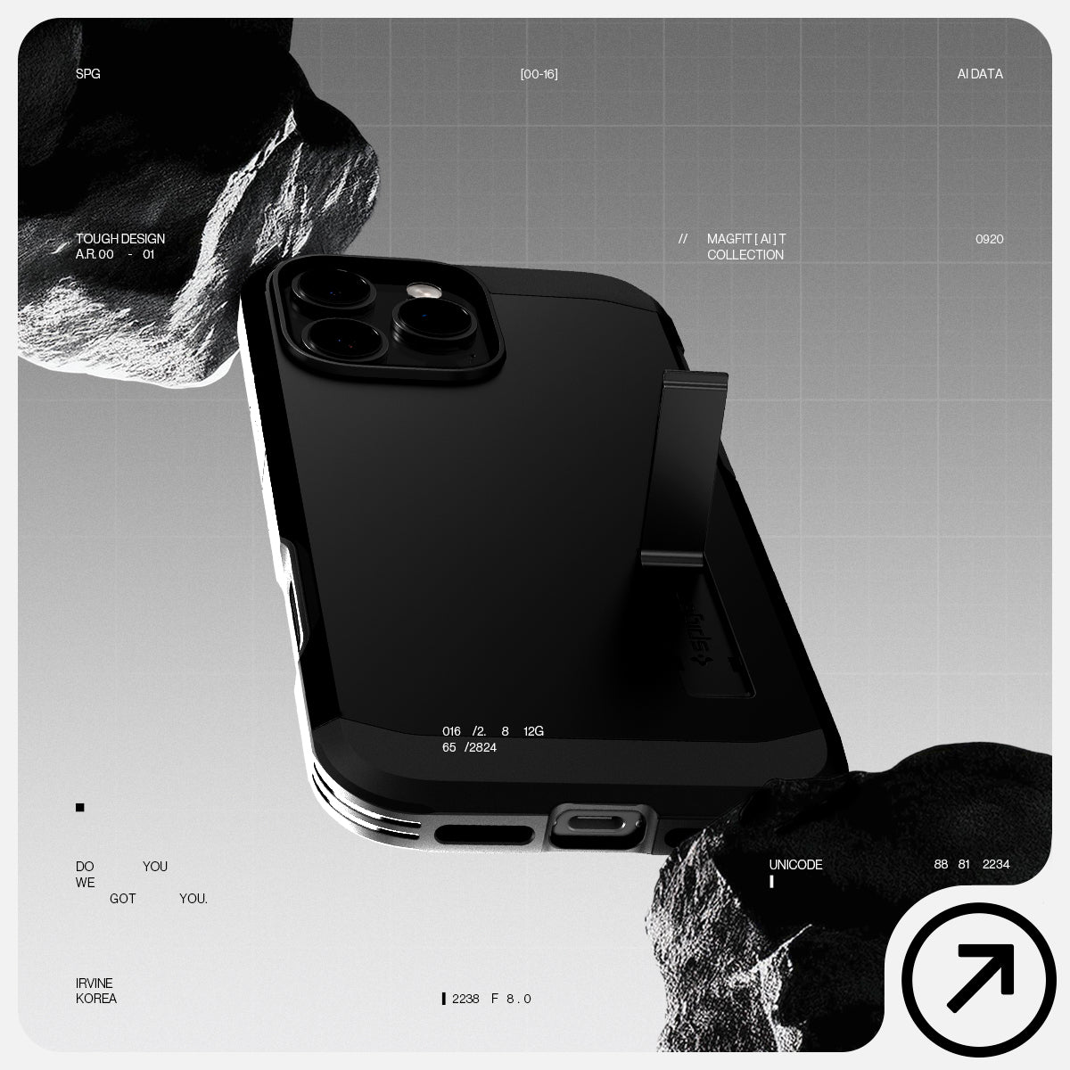 ACS08503 - iPhone 16 Pro Max Case Tough Armor T AI (MagFit + Camera Control) in Black showing the back, partial side and bottom in between rocks