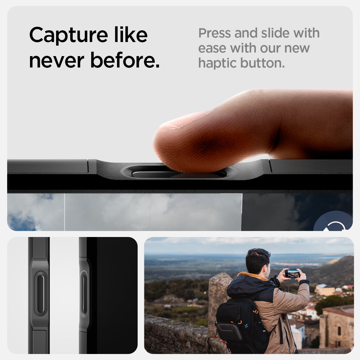 ACS08510 - iPhone 16 Pro Case Tough Armor T AI (MagFit + Camera Control) in Black showing the capture like never before, press and slide with ease with our new haptic button