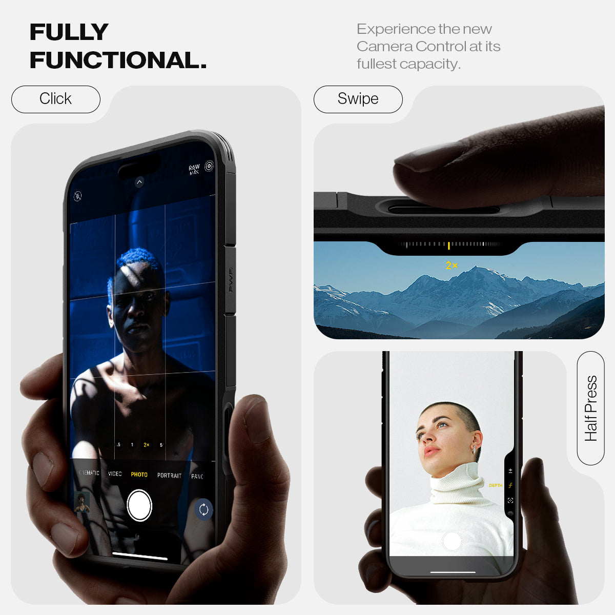 ACS08510 - iPhone 16 Pro Case Tough Armor T AI (MagFit + Camera Control) in Black showing the fully functional, experience the new camera control at its fullest capacity, click, swipe and half press