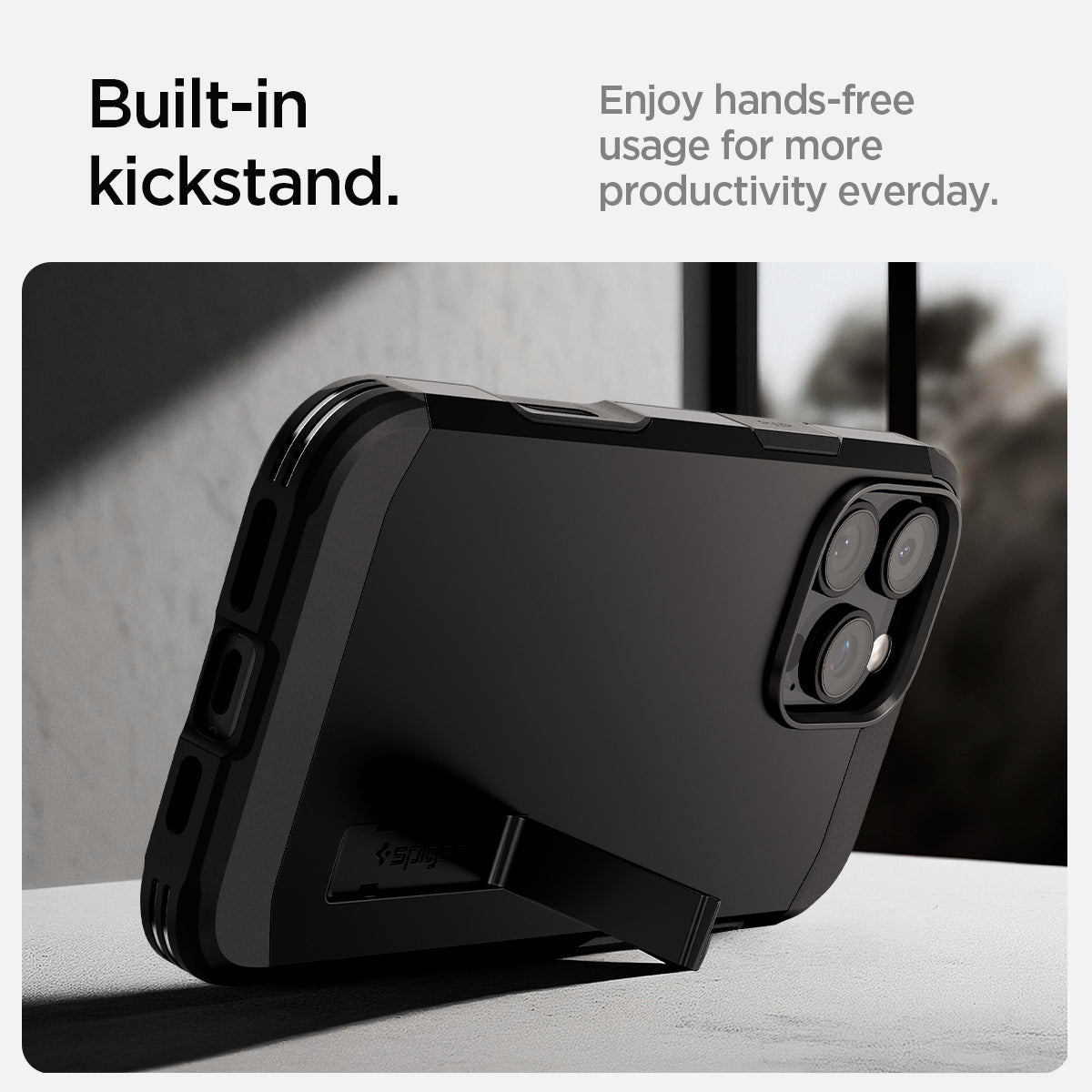 ACS08510 - iPhone 16 Pro Case Tough Armor T AI (MagFit + Camera Control) in Black showing the built-in kickstand, enjoy hands-free usage for more productivity everyday