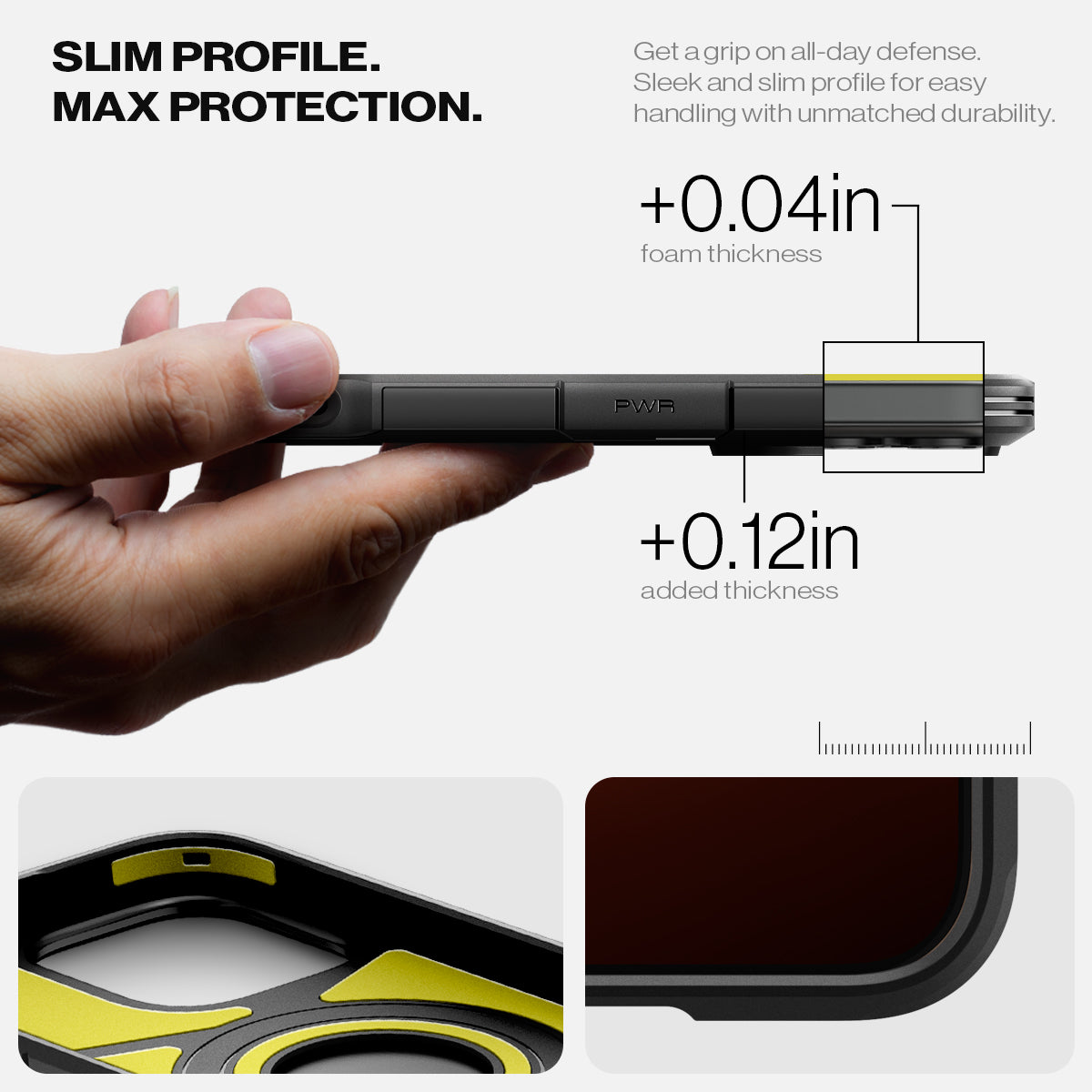ACS08510 - iPhone 16 Pro Case Tough Armor T AI (MagFit + Camera Control) in Black showing the slim profile, max protection, get a grip on all-day defense, sleek and slim profile for easy handling with unmatched durability, +0.0in and +0.12in added thickness