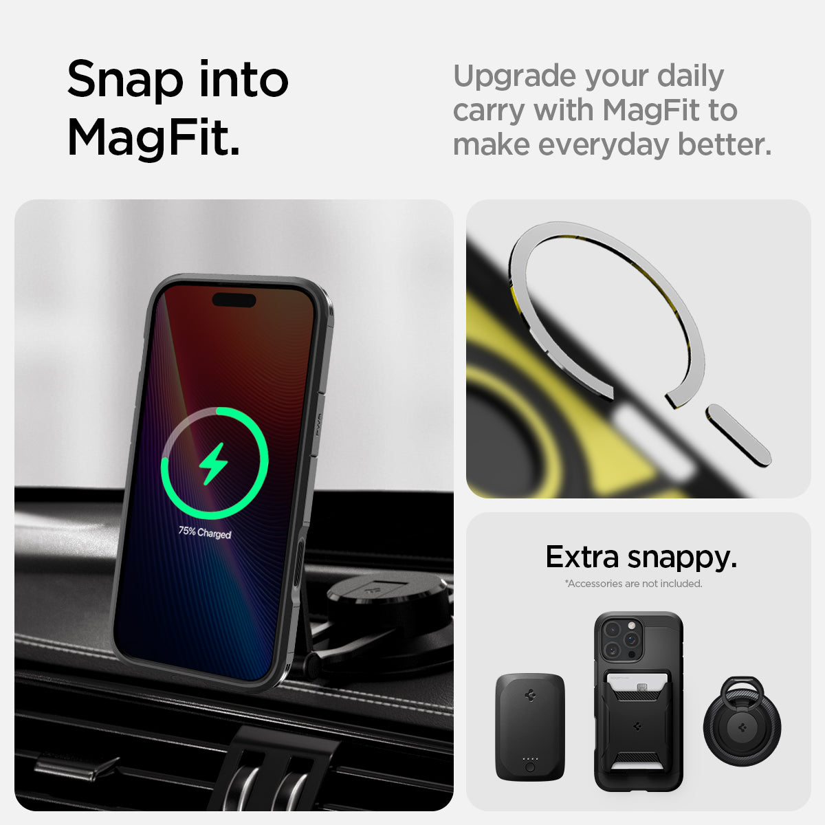 ACS08510 - iPhone 16 Pro Case Tough Armor T AI (MagFit + Camera Control) in Black showing the snap into MagFit, upgrade your daily carry with MagFit to make everyday better, Extra snappy