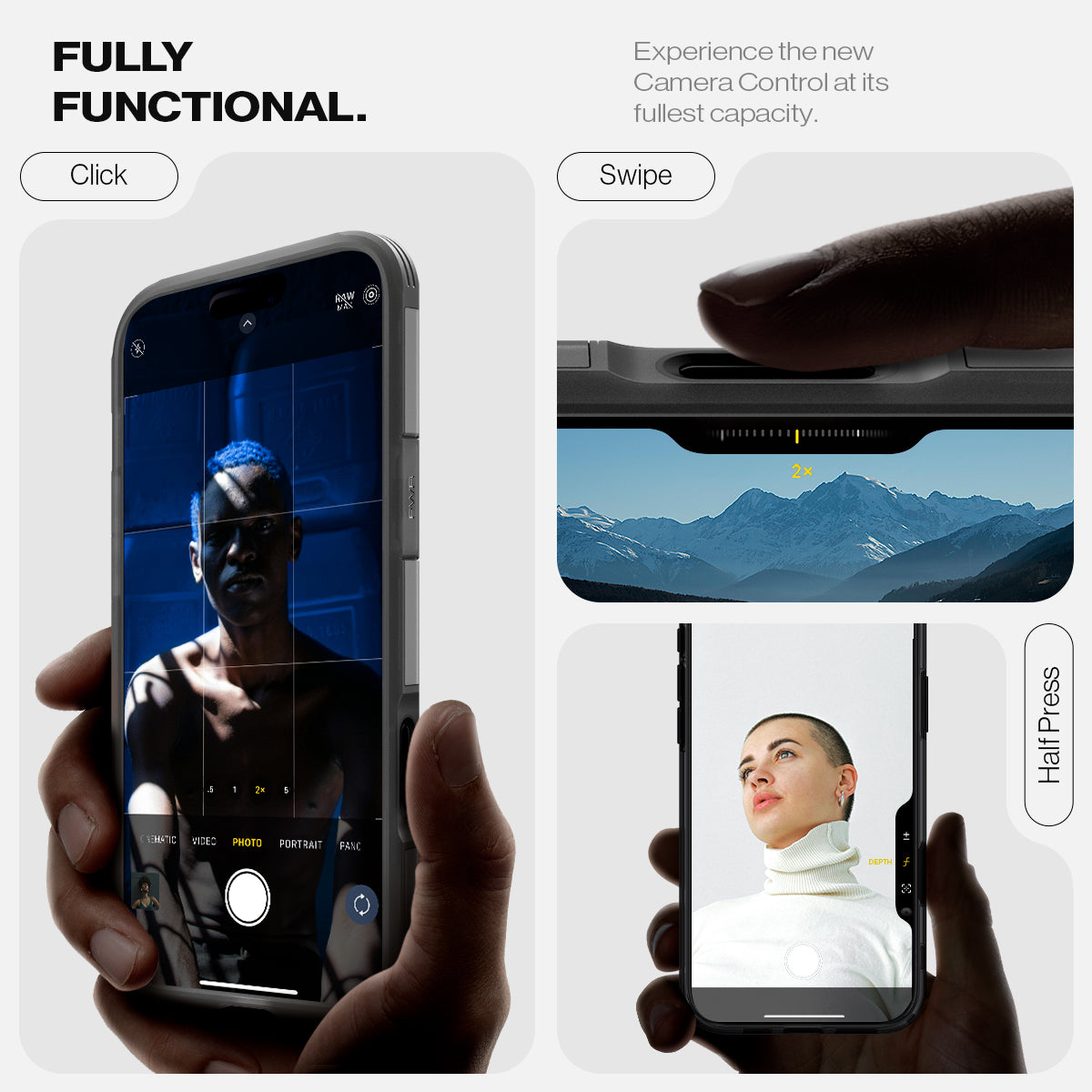 ACS09072 - iPhone 16 Pro Case Tough Armor T AI (MagFit) in Frost Black showing how it is fully functional. Experience the new camera control at its fullest capacity