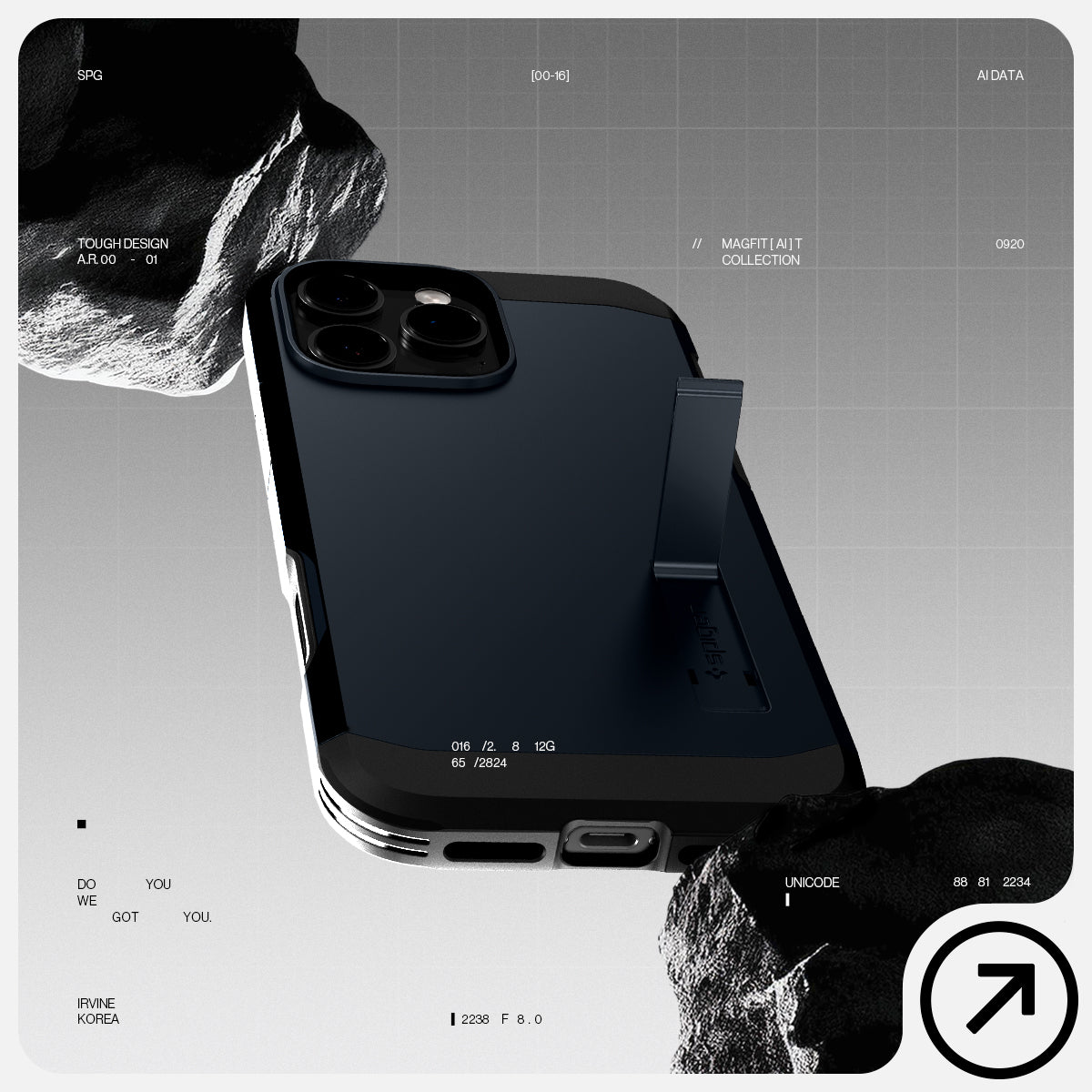ACS08504 - iPhone 16 Pro Max Case Tough Armor T AI (MagFit + Camera Control) in Metal Slate showing the back, partial side and bottom in between rocks