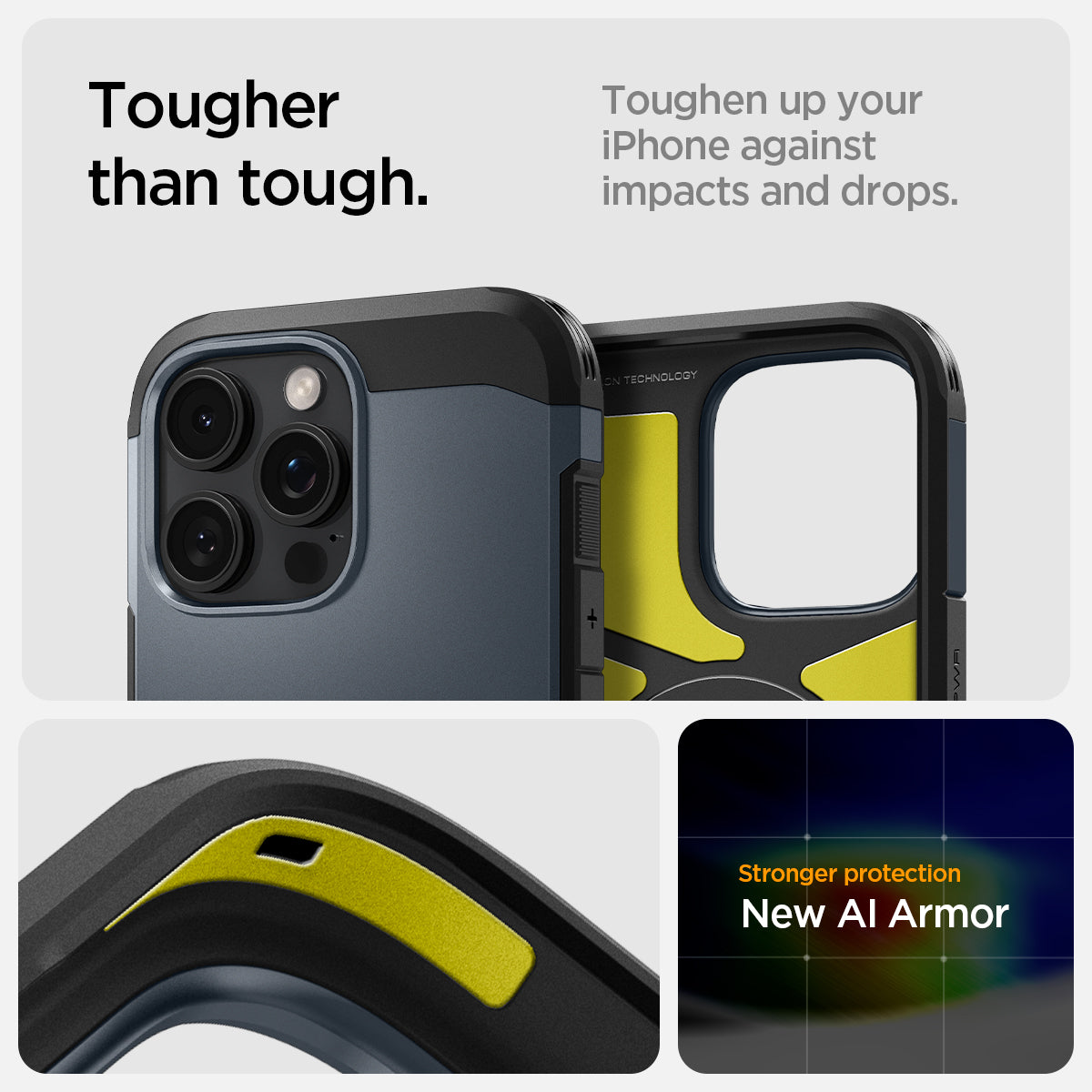 ACS08511 - iPhone 16 Pro Case Tough Armor T AI (MagFit + Camera Control) in Metal Slate showing the tougher than tough, toughen up your iPhone against impacts and drops, stronger protection, New AI Armor