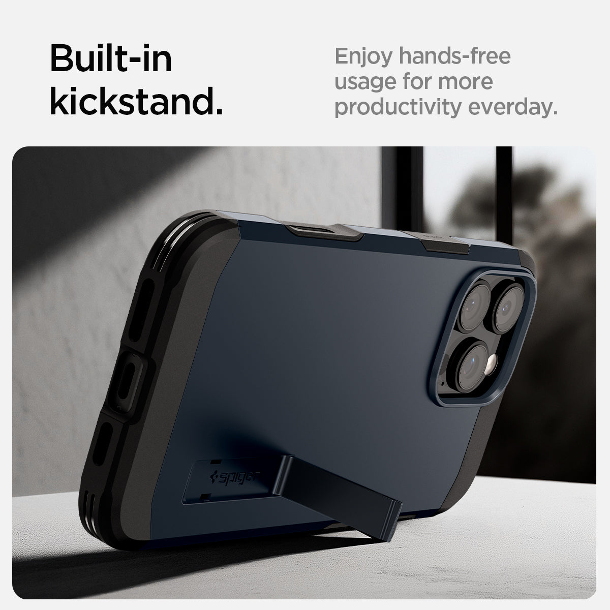 ACS08511 - iPhone 16 Pro Case Tough Armor T AI (MagFit + Camera Control) in Metal Slate showing the built-in kickstand, enjoy hands-free usage for more productivity everyday