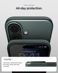 ACS09970 - iPhone 17 Thin Fit (MagFit) in Abyss Green showing total coverage. All day protection. Raised edges. guard your camera and screen from daily drops with total coverage.