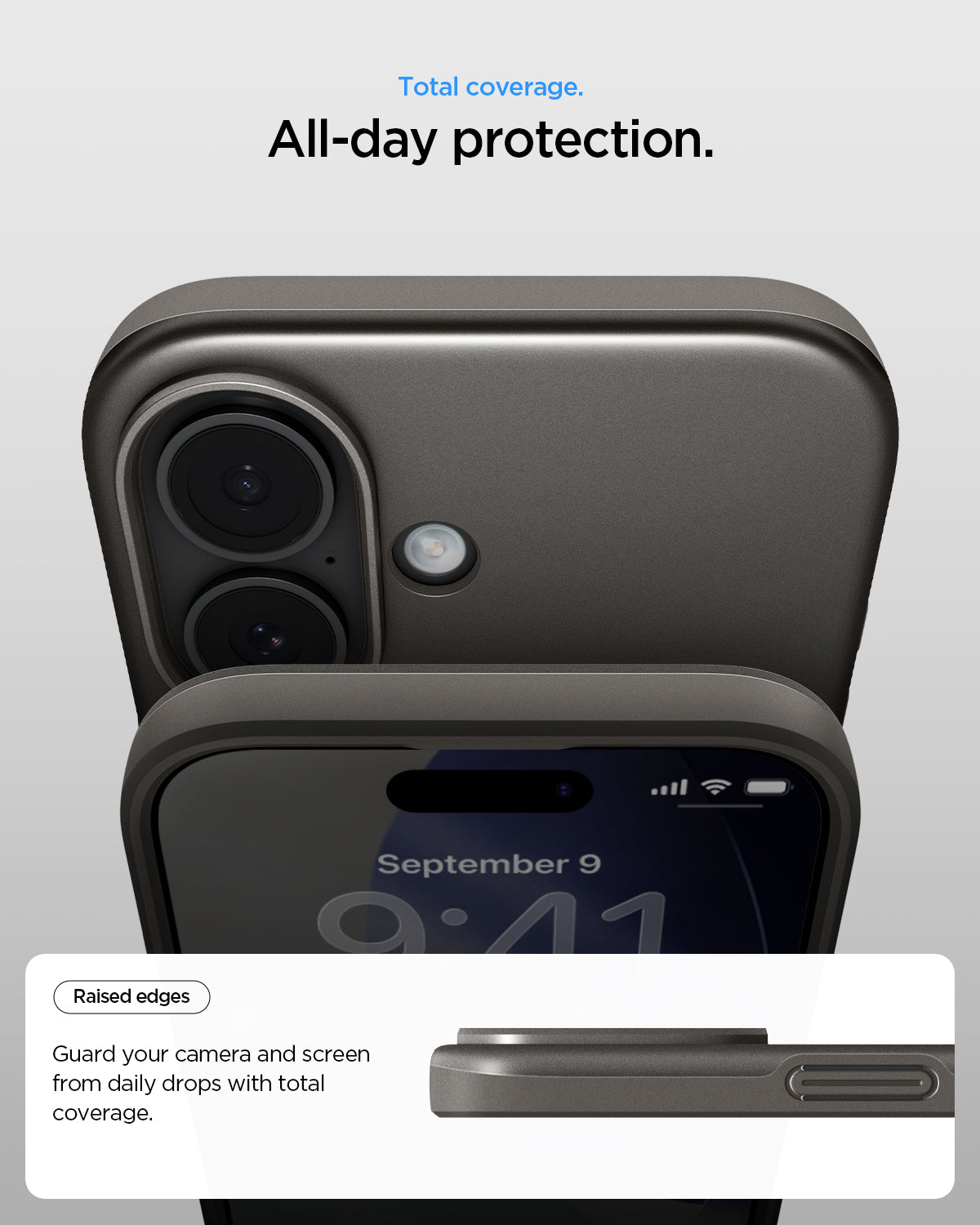 ACS09971 - iPhone 17 Thin Fit (MagFit) in Gunmetal showing total coverage. All day protection. Raised edges. guard your camera and screen from daily drops with total coverage.
