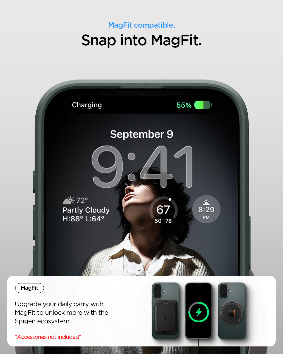 ACS09970 - iPhone 17 Thin Fit (MagFit) in Abyss Green showing magfit compatible. snap into magfit. upgrade your daily carry with magfit to unlock more with the spigen ecosystem