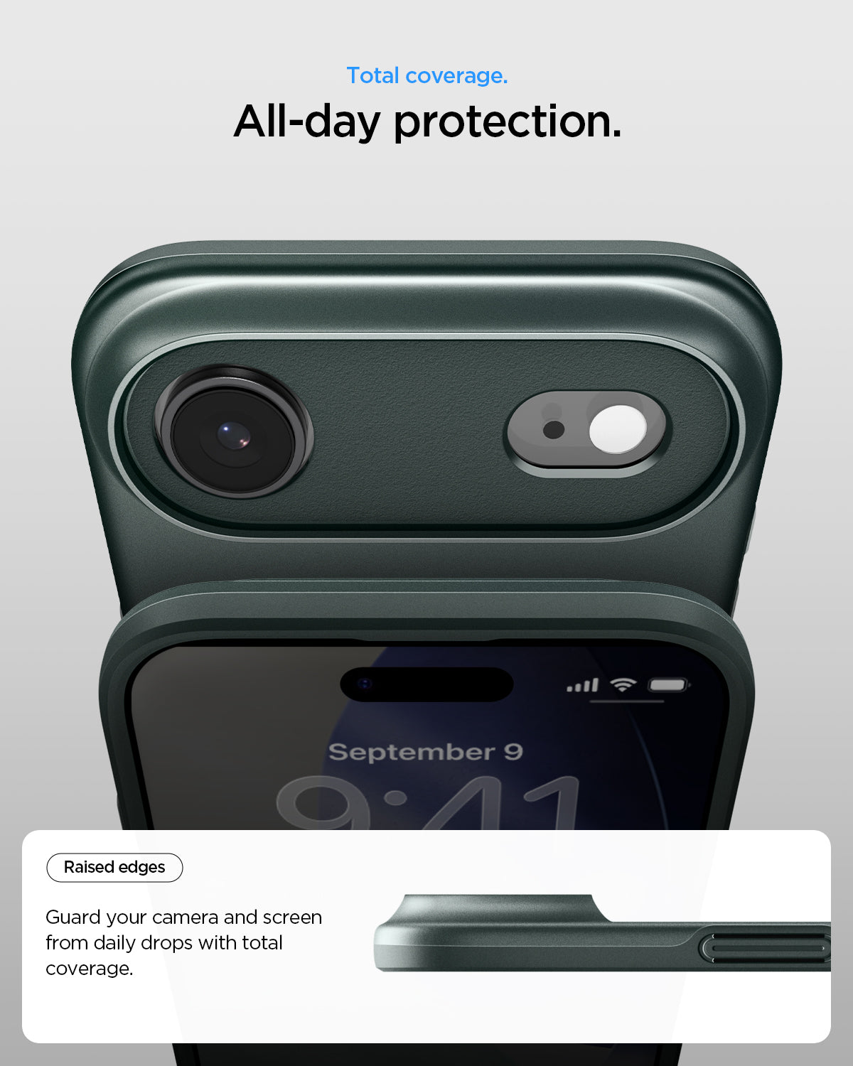 ACS09917 - iPhone 17 Air Thin Fit (MagFit) in Abyss Green showing total coverage. All day protection. Raised edges. guard your camera and screen from daily drops with total coverage.