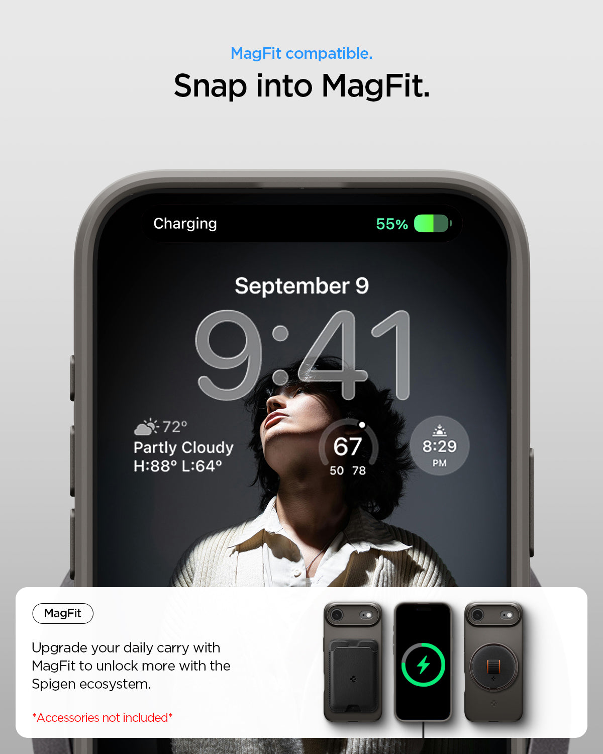 ACS09918 - iPhone 17 Air Thin Fit (MagFit) in Gunmetal showing magfit compatible. snap into magfit. upgrade your daily carry with magfit to unlock more with the spigen ecosystem