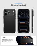 ACS09934 - iPhone 17 Pro Thin Fit (MagFit) in black showing a slim and minimal case design from front, back, and side views.