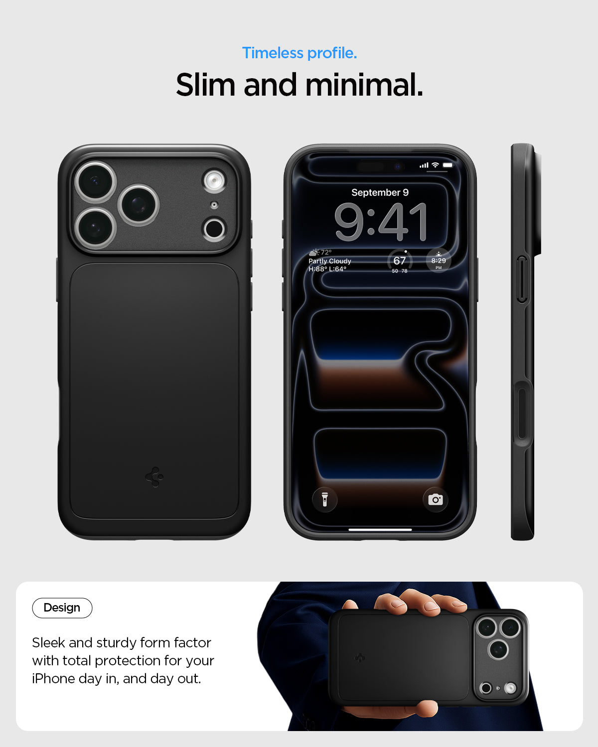 ACS09934 - iPhone 17 Pro Thin Fit (MagFit) in black showing a slim and minimal case design from front, back, and side views.