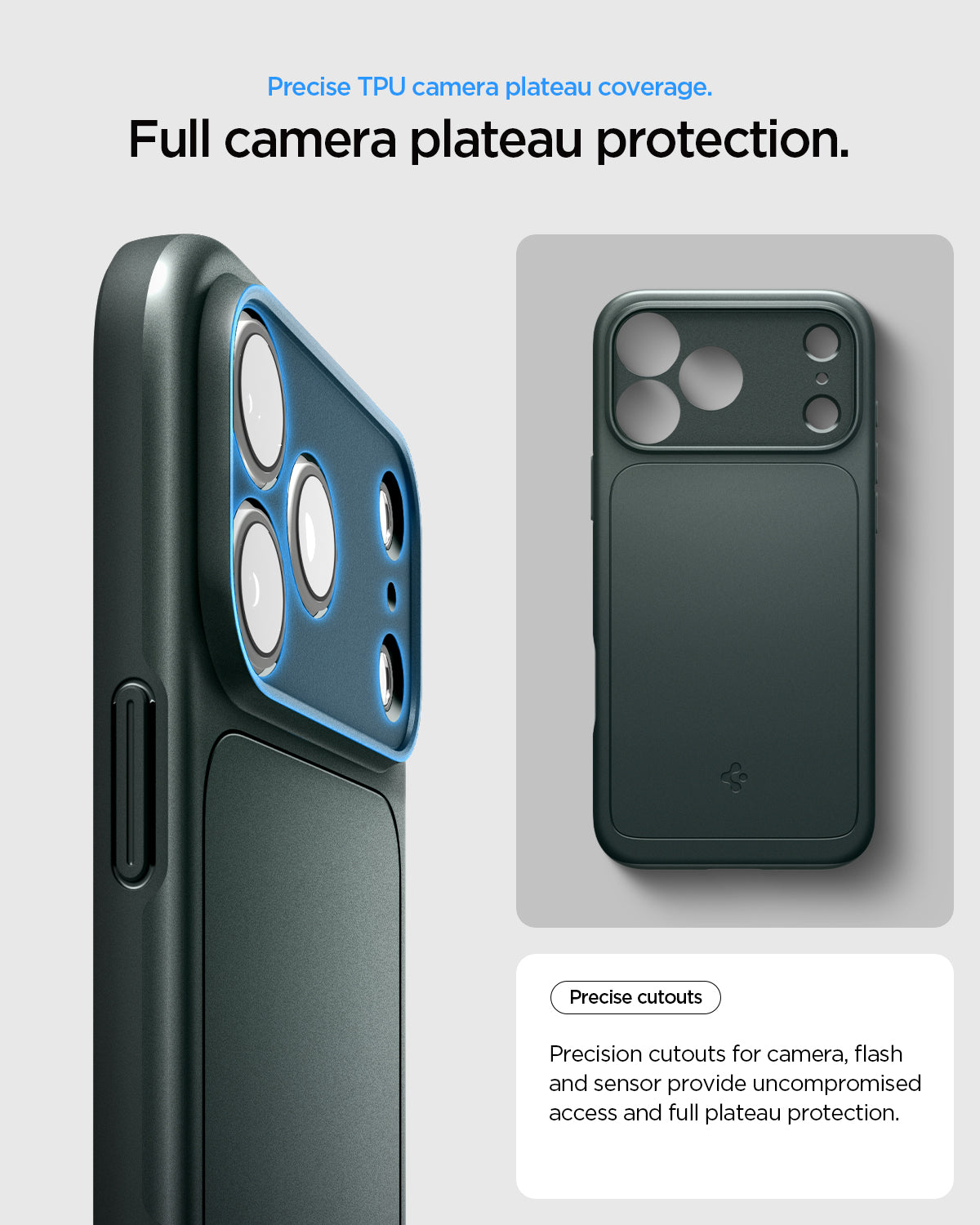 ACS09935 - iPhone 17 Pro Thin Fit (MagFit) in Abyss Green showing full camera plateau protection with precise cutouts for cameras, flash, and sensors.