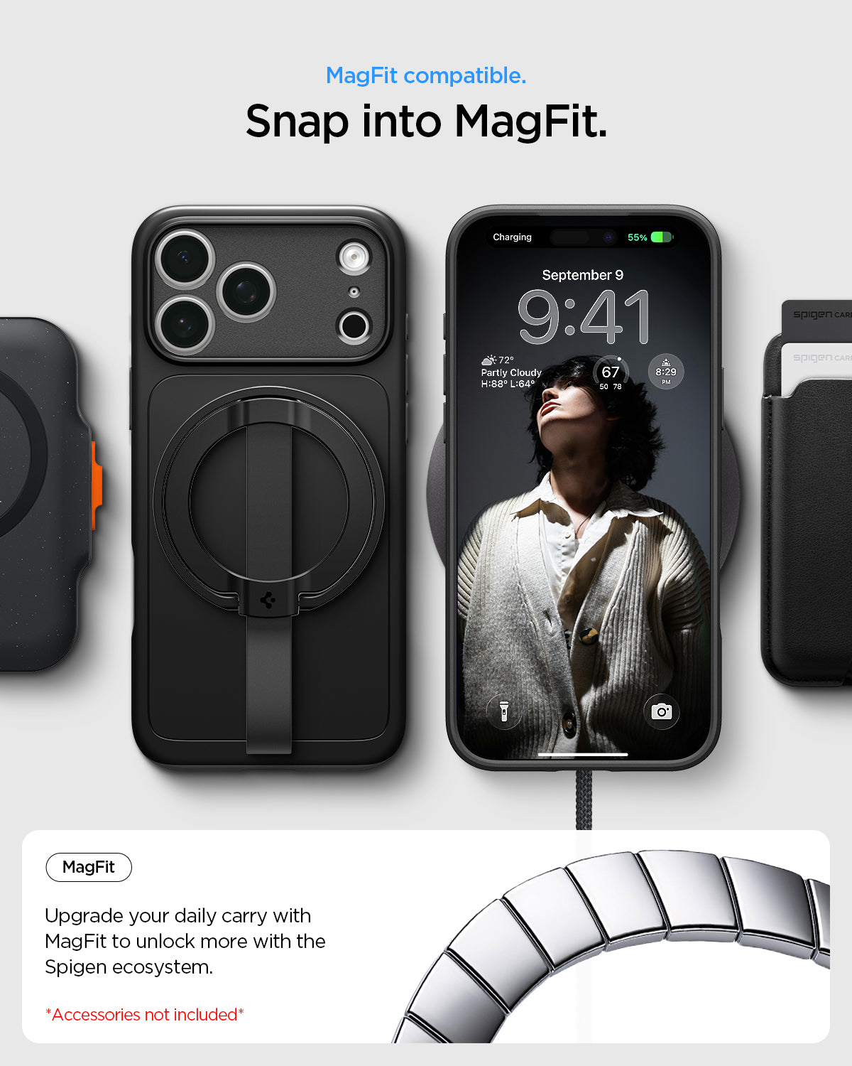 ACS09934 - iPhone 17 Pro Thin Fit (MagFit) in black showing Mag Fit compatibility with magnetic charging and everyday accessories.