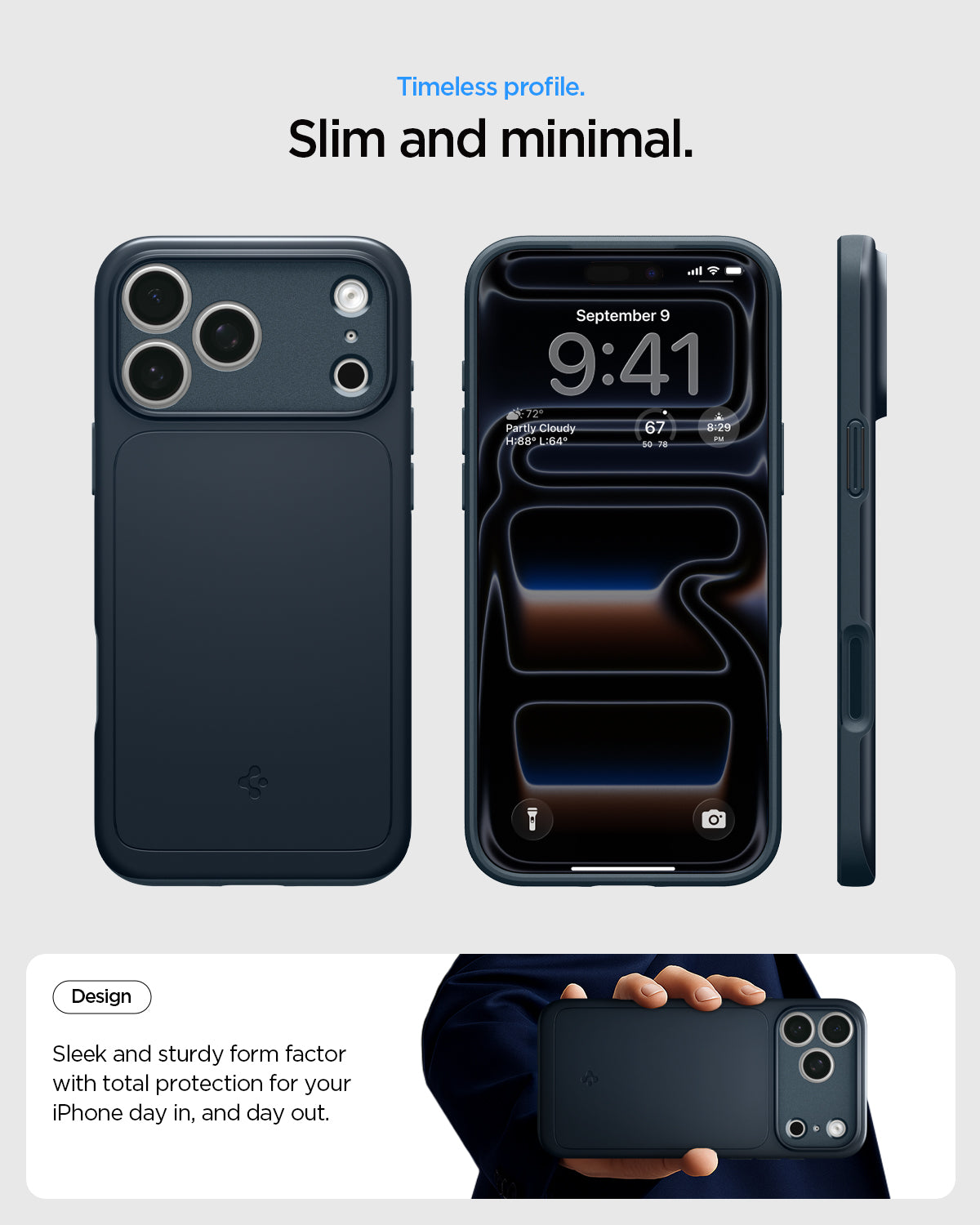 ACS09882 - iPhone 17 Pro Max Thin Fit (MagFit) in Metal Slate showing a slim and minimal case design from front, back, and side views.