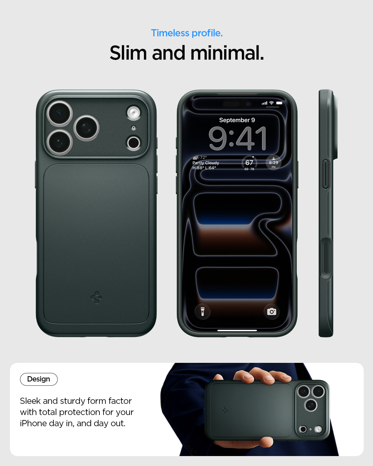 ACS09880 - iPhone 17 Pro Max Thin Fit (MagFit) in abyss green showing a slim and minimal case design from front, back, and side views.