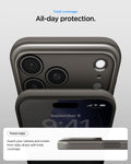 ACS09881 - iPhone 17 Pro Max Thin Fit (MagFit) in Gunmetal showing total coverage. All day protection. Raised edges. guard your camera and screen from daily drops with total coverage.