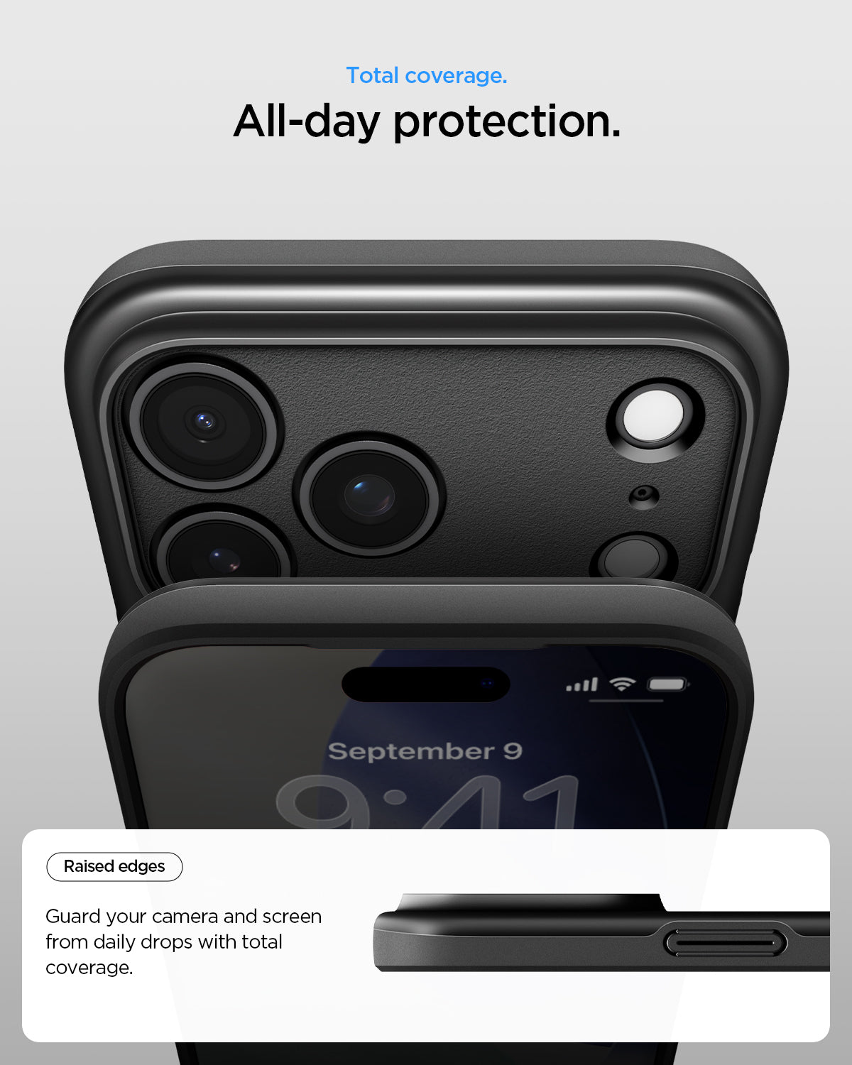 ACS09934 - iPhone 17 Pro Thin Fit (MagFit) in black showing total coverage. All day protection. Raised edges. guard your camera and screen from daily drops with total coverage.