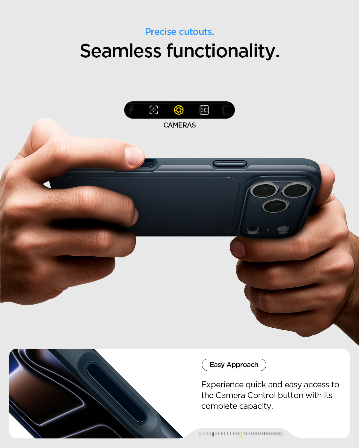 ACS09882 - iPhone 17 Pro Max Thin Fit (MagFit) in Metal Slate showing precise button cutouts for seamless camera control access and functionality.