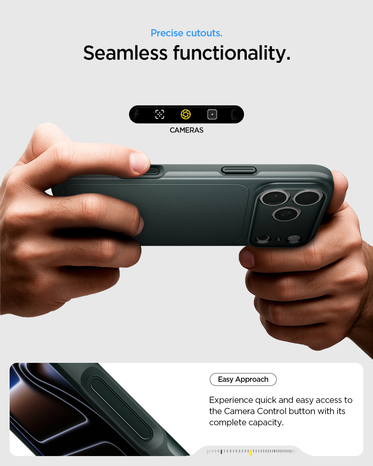 ACS09880 - iPhone 17 Pro Max Thin Fit (MagFit) in abyss green showing precise button cutouts for seamless camera control access and functionality.