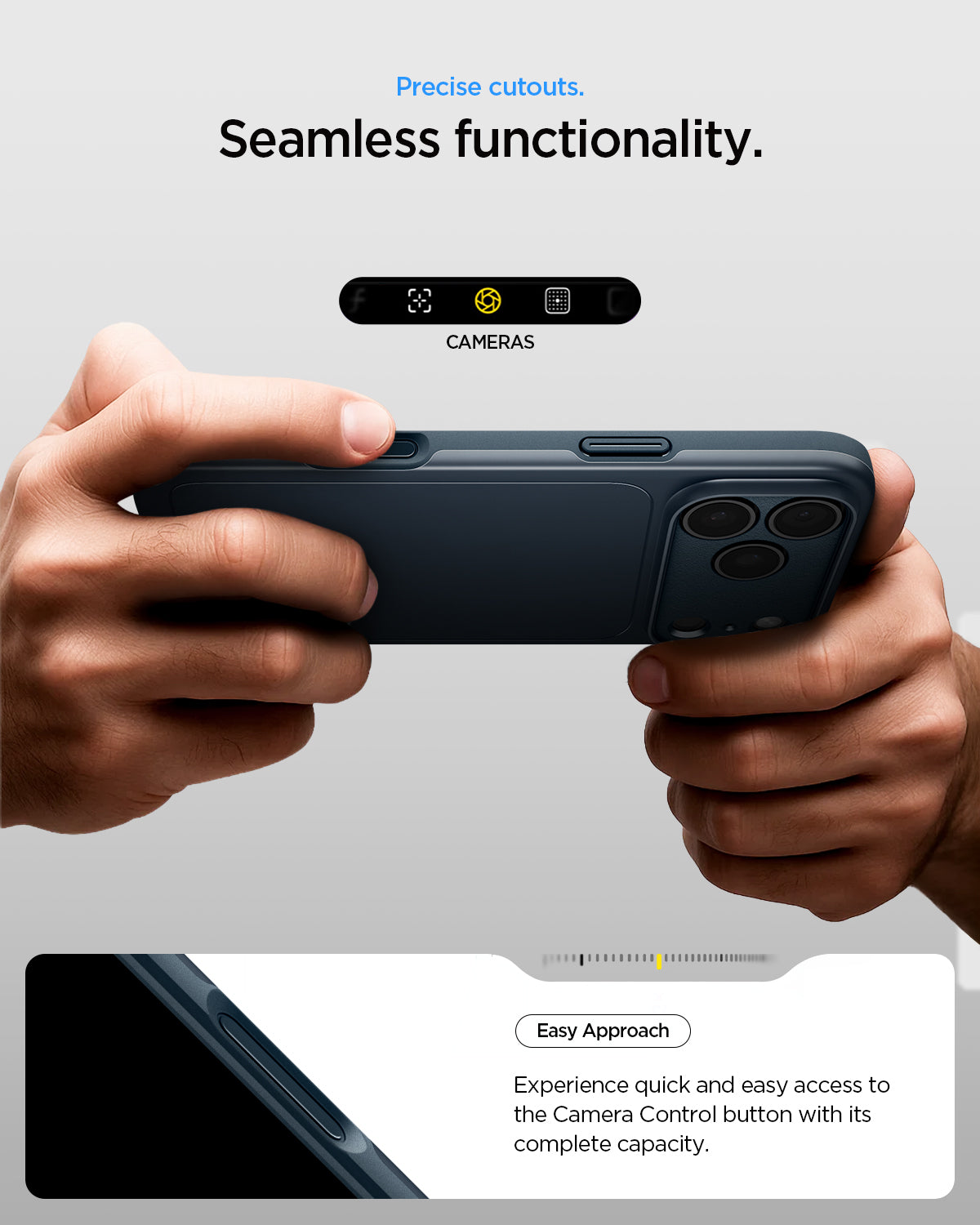 ACS09882 - iPhone 17 Pro Max Thin Fit (MagFit) in Metal Slate showing precise cutouts. seamless functionality. Easy approach Experience quick and easy access to the camera control button with its complete capacity.