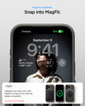 ACS09936 - iPhone 17 Pro Thin Fit (MagFit) in Gunmetal showing magfit compatible. snap into magfit. upgrade your daily carry with magfit to unlock more with the spigen ecosystem
