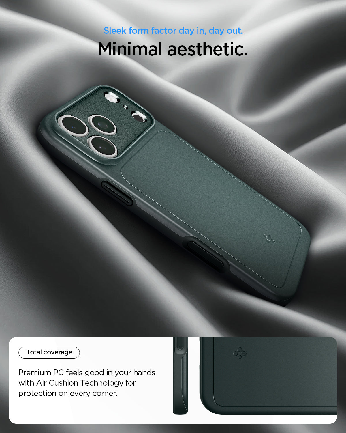 ACS09880 - iPhone 17 Pro Max Thin Fit (MagFit) in abyss green showing a minimal case design with full corner coverage and Air Cushion Technology.