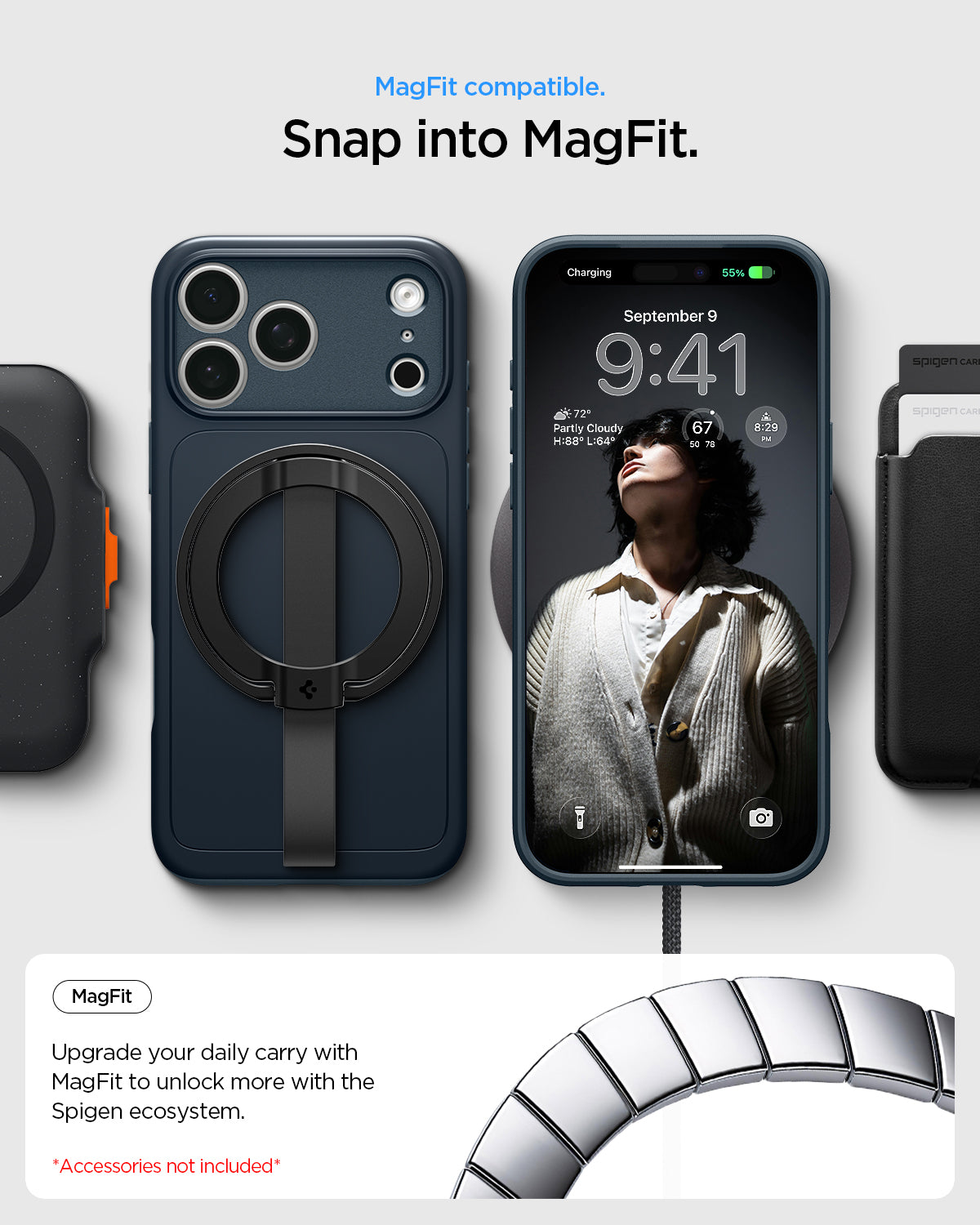 ACS09882 - iPhone 17 Pro Max Thin Fit (MagFit) in Metal Slate showing Mag Fit compatibility with magnetic charging and everyday accessories.