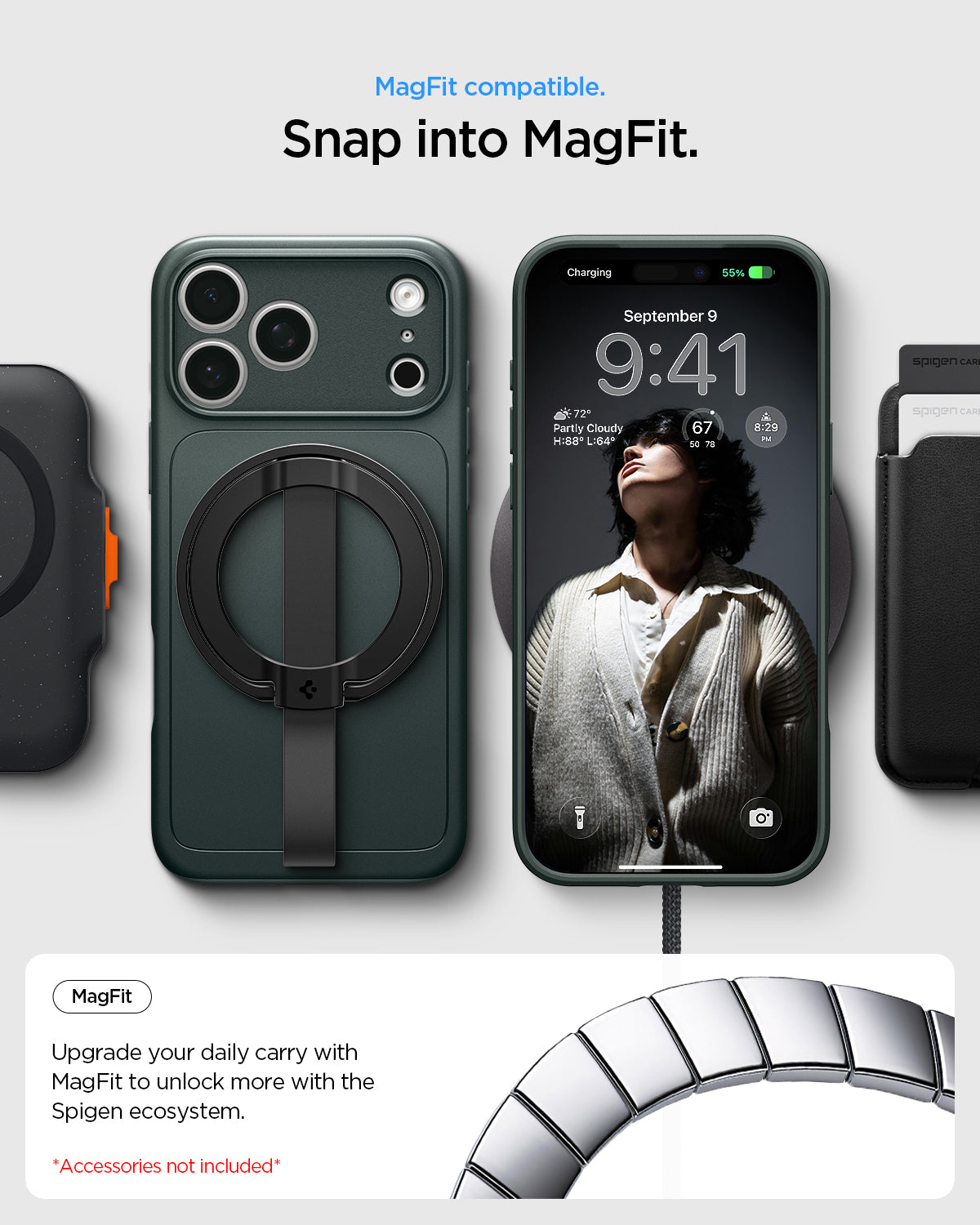 ACS09880 - iPhone 17 Pro Max Thin Fit (MagFit) in abyss green showing Mag Fit compatibility with magnetic charging and everyday accessories.