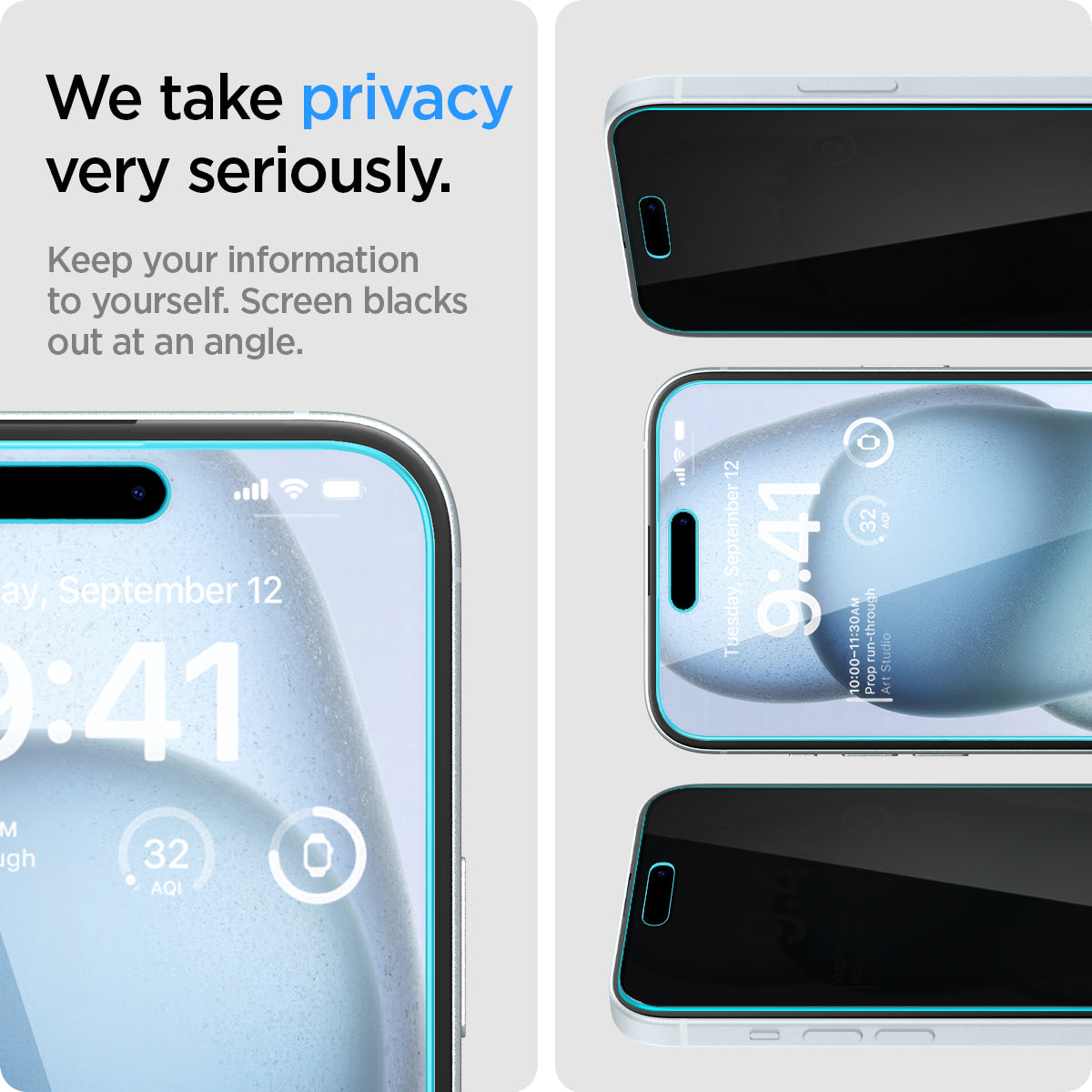 AGL06905 - iPhone 15 Screen Protector EZ FIT GLAS.tR Privacy we take privacy very seriously. Keep your information to yourself. Screen blacks out at an angle.