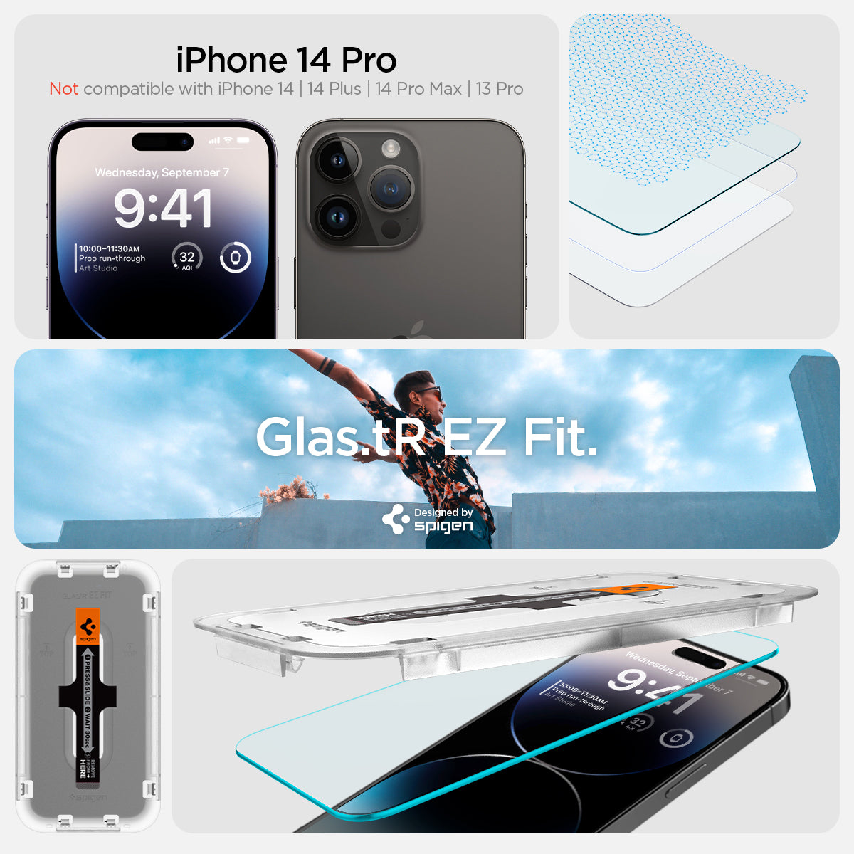 AGL05214 - iPhone 14 Pro Screen Protector EZ FIT GLAS.tR (Sensor Protection) showing designed by spigen