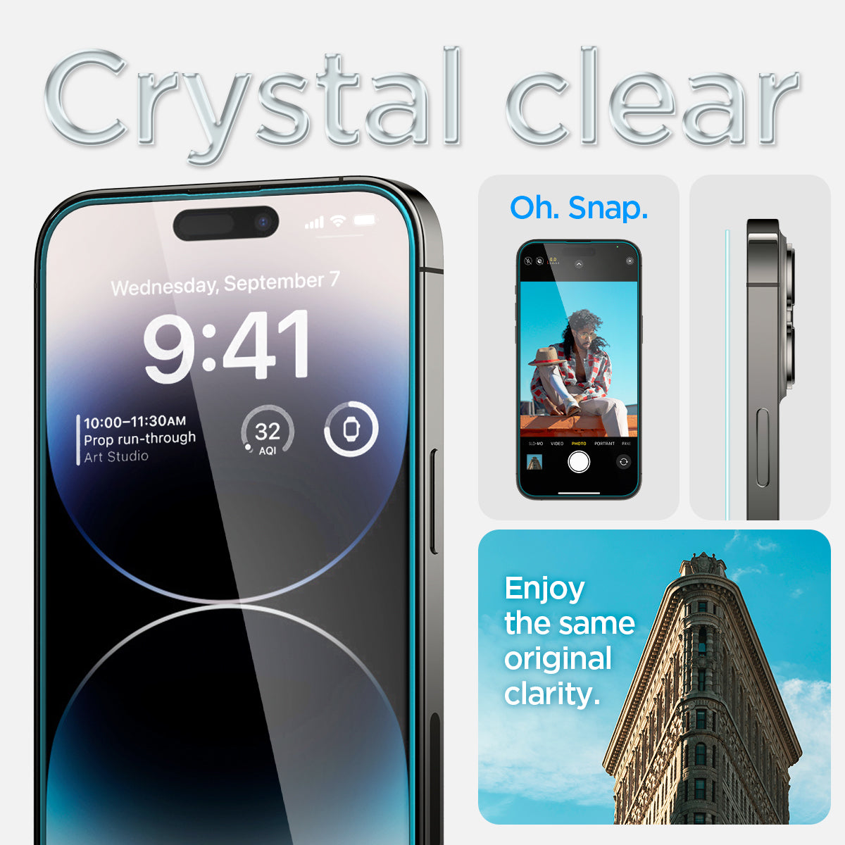 AGL05214 - iPhone 14 Pro Screen Protector EZ FIT GLAS.tR (Sensor Protection) showing crystal clear. Oh snap. enjoy the same original clarity.
