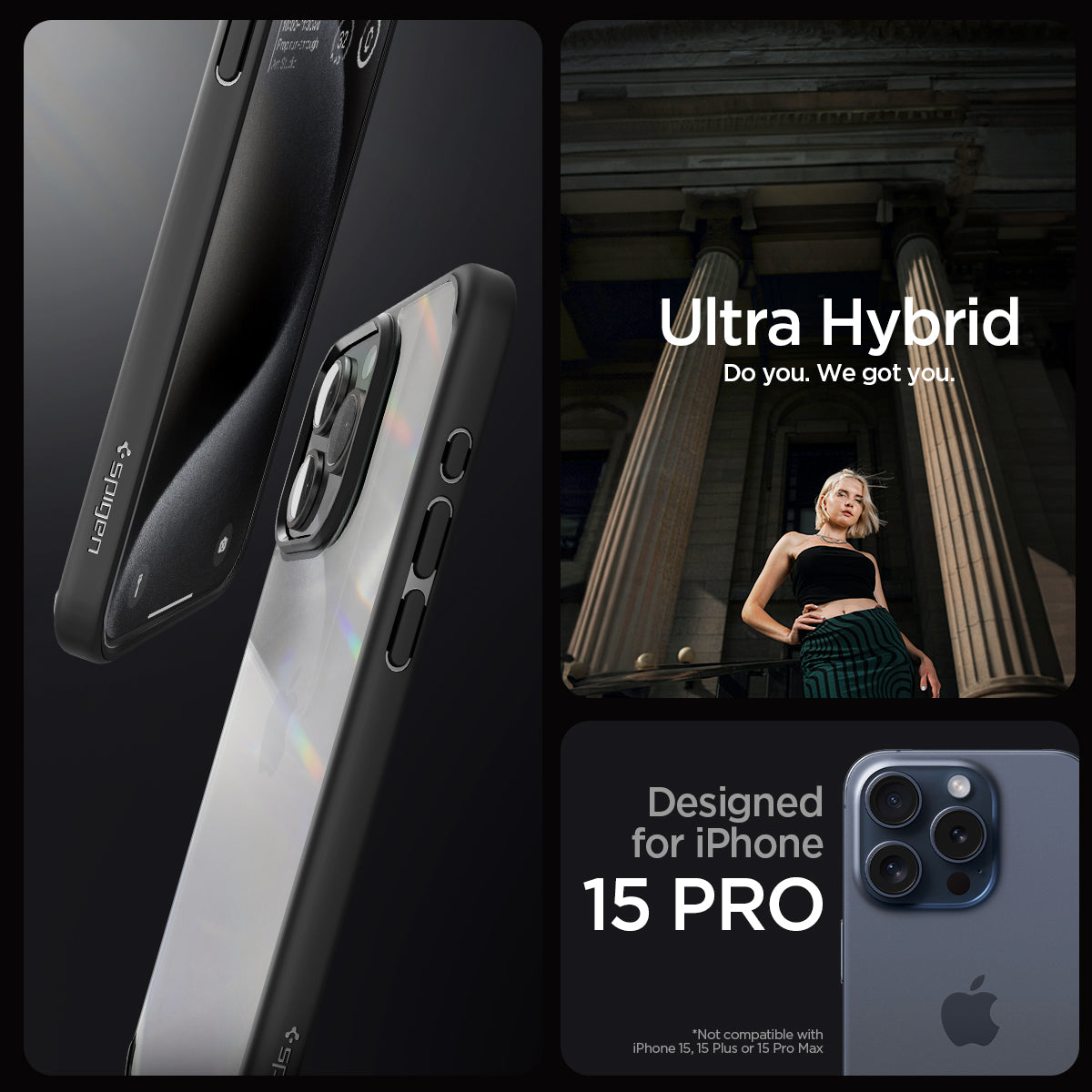 ACS06713 - iPhone 15 Pro Case Ultra Hybrid in matte black showing the compatibility only with iPhone 15 Pro. Not compatible with iPhone 15, 15 Plus or 15 Pro Max
